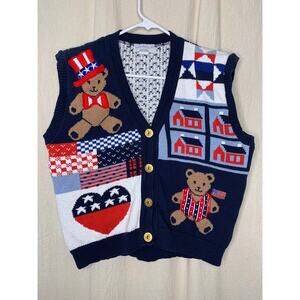 1990s Sweater Loft Patriotic Teddy Bear Country Chic Americana Sweater Vest M